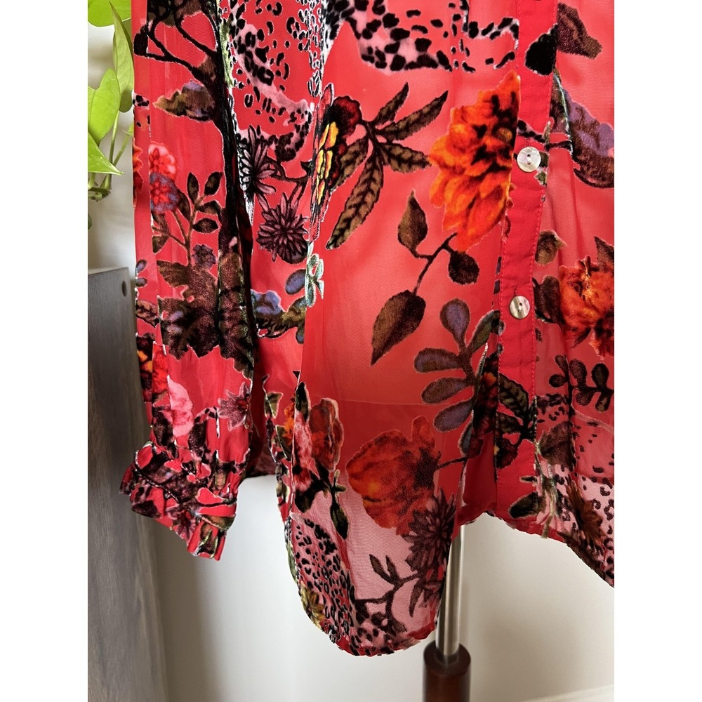 John Mark Top Womens Medium Red Floral Sheer Velvet Burnout Tunic Boho Romantic - Picture 3 of 8